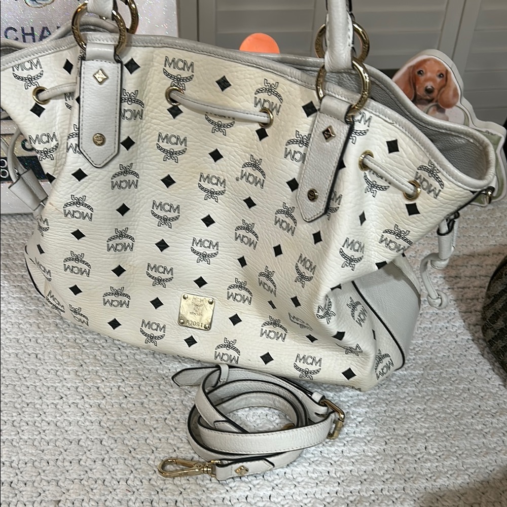 MCM Black and White Visetos Drawstring Tote Silver Hardware